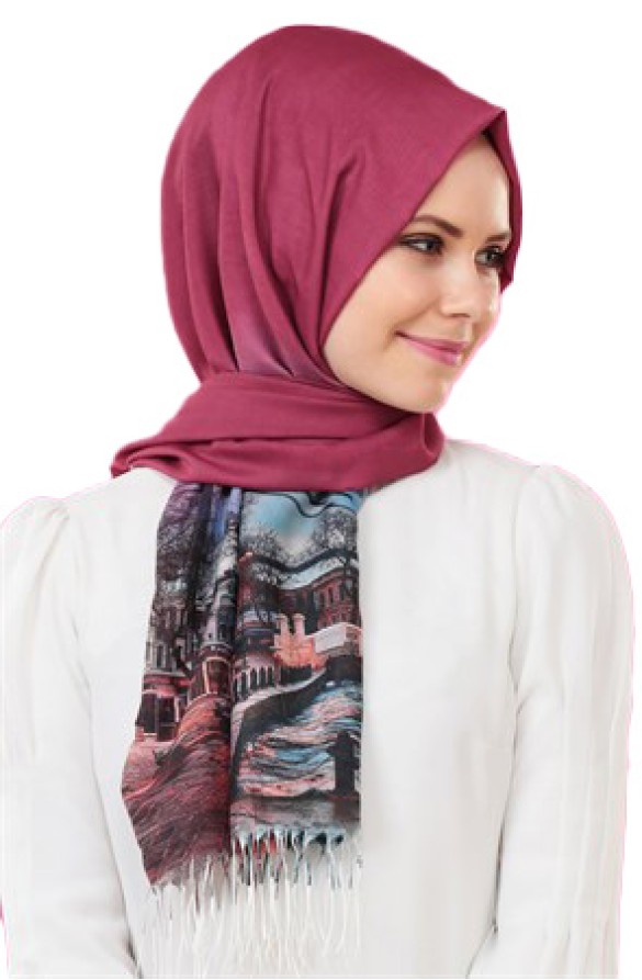 Cachmira Dijital Polyester Pembe Şal